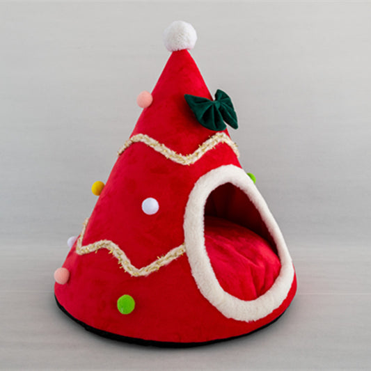 Christmas hat cat bed in red color