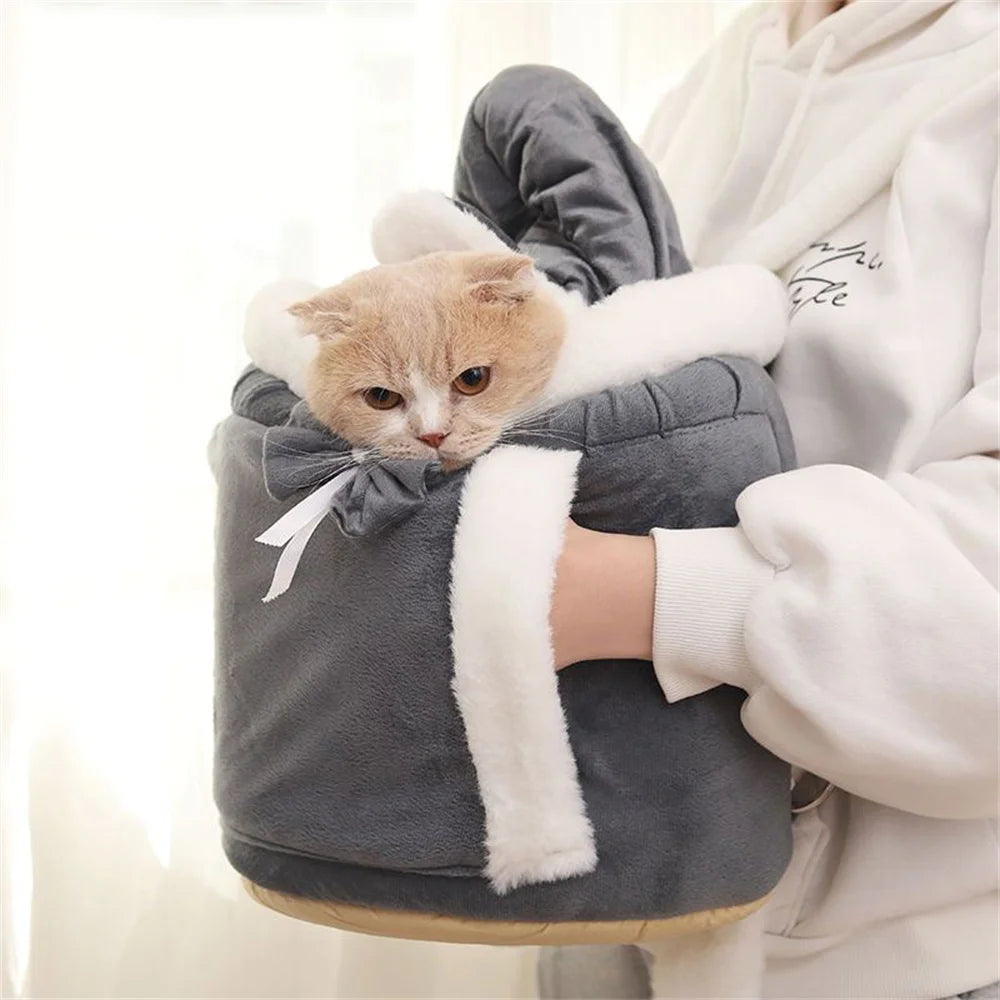 Cozy padded interior of small dog carrier for puppies and cats