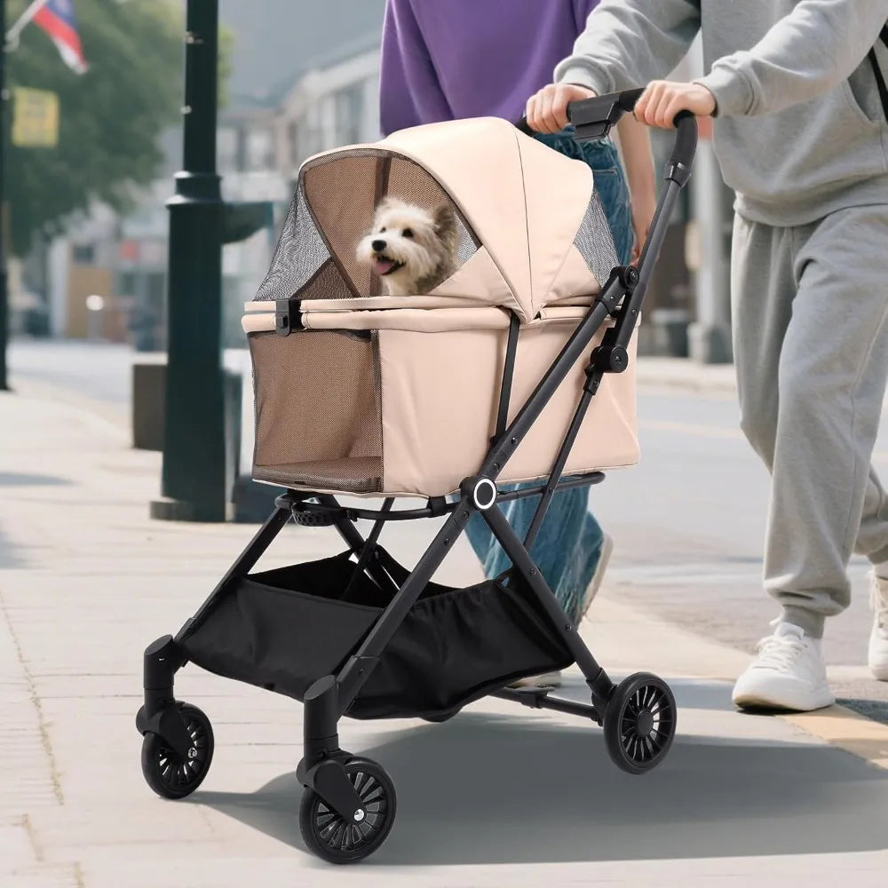 Foldable dog stroller folded for easy car or closet storage