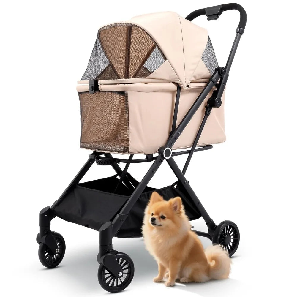 Foldable dog stroller showing adjustable canopy and zippered front access