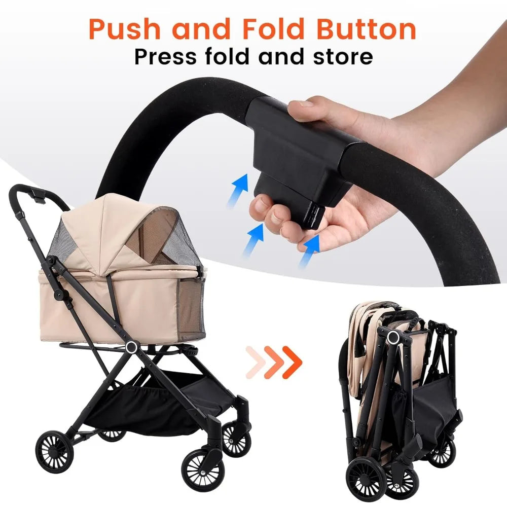 Foldable dog stroller showing smooth-rolling wheels and rear brake system