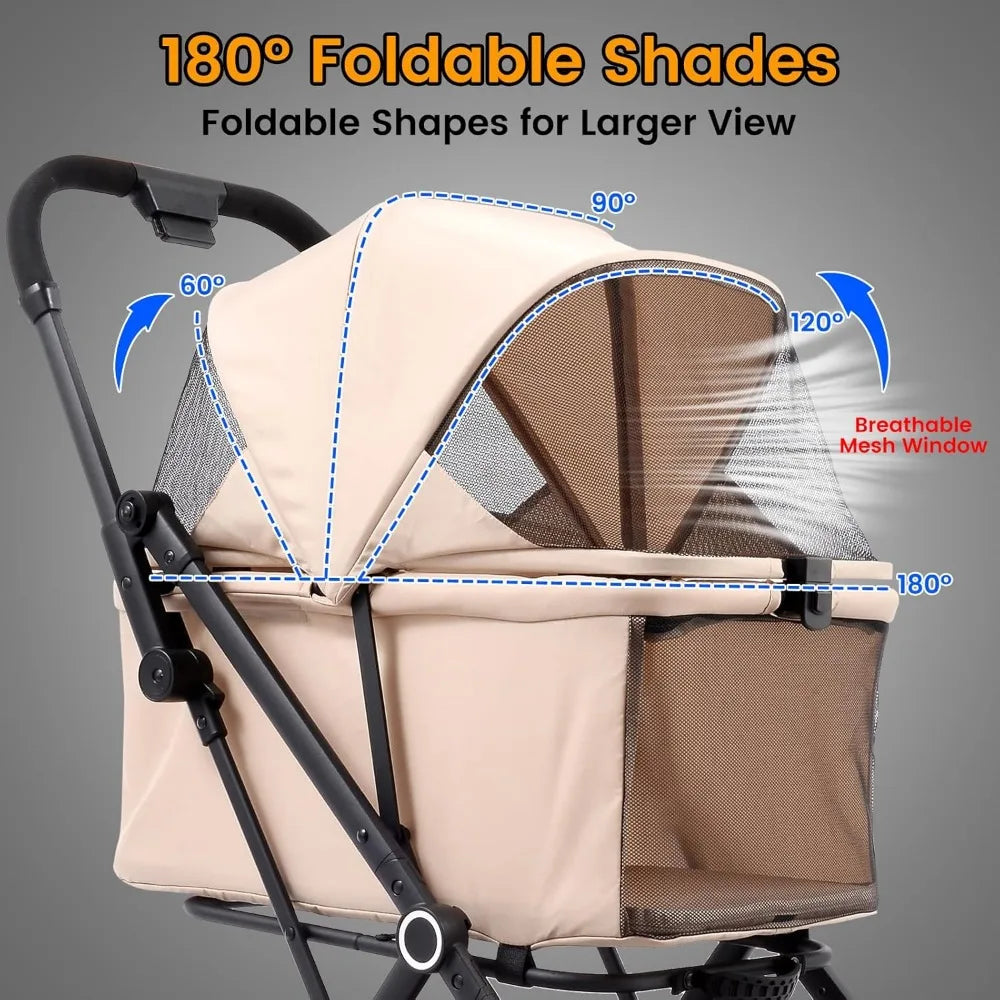 Foldable dog stroller with padded interior and mesh windows