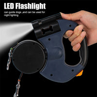 Reflective flexi dog leash with flashlight and poop bag holder