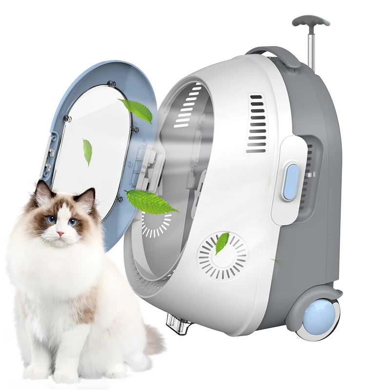 Pet travel carrier showing wheels and rolling function