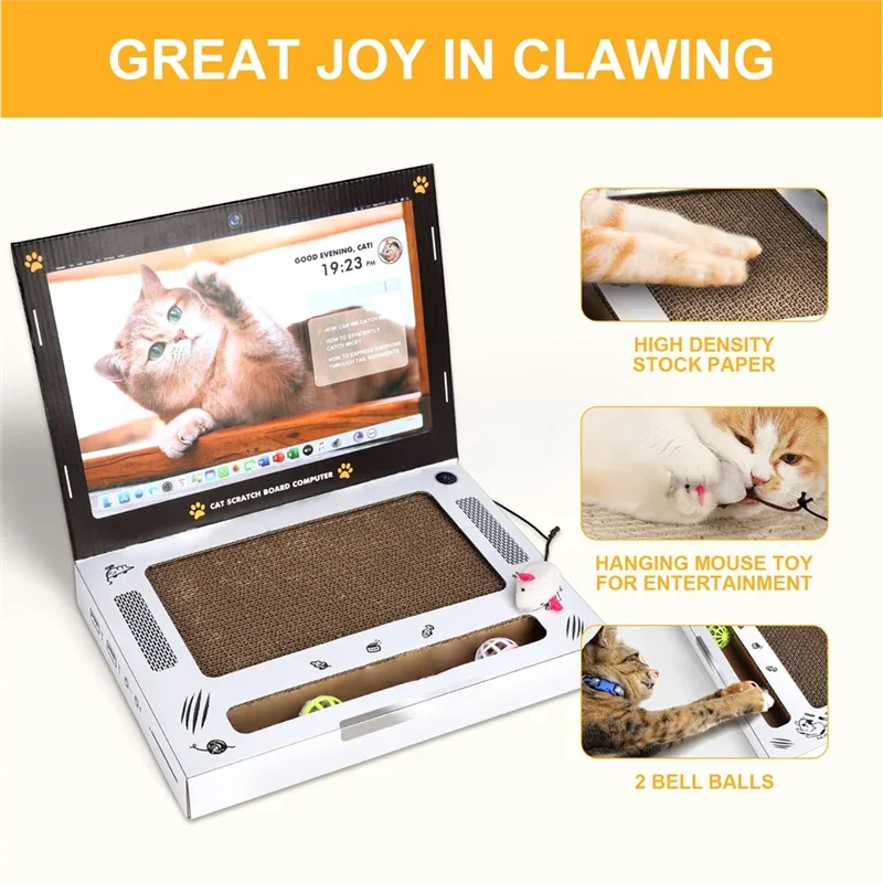 Cardboard cat scratcher laptop with plush mouse and bell