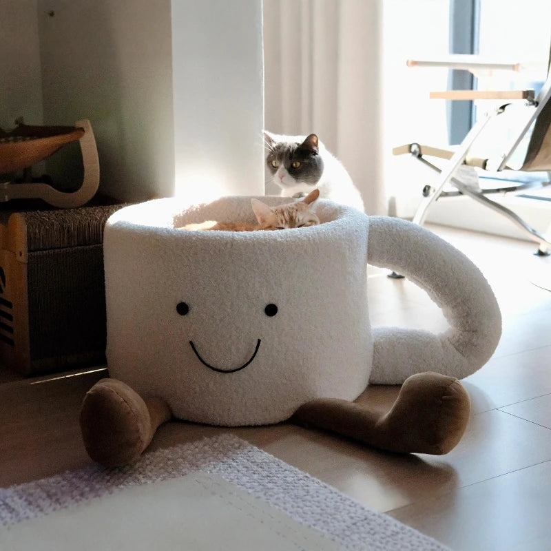 Close-up of a happy cat in the soft, cozy, cup-design cute cat bed.