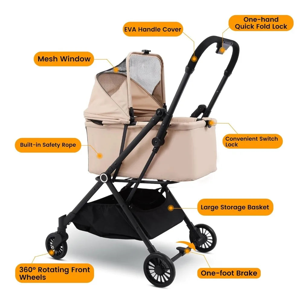 Foldable Dog Stroller – Comfortable Sunshade & Mesh Pet Stroller - Bitora