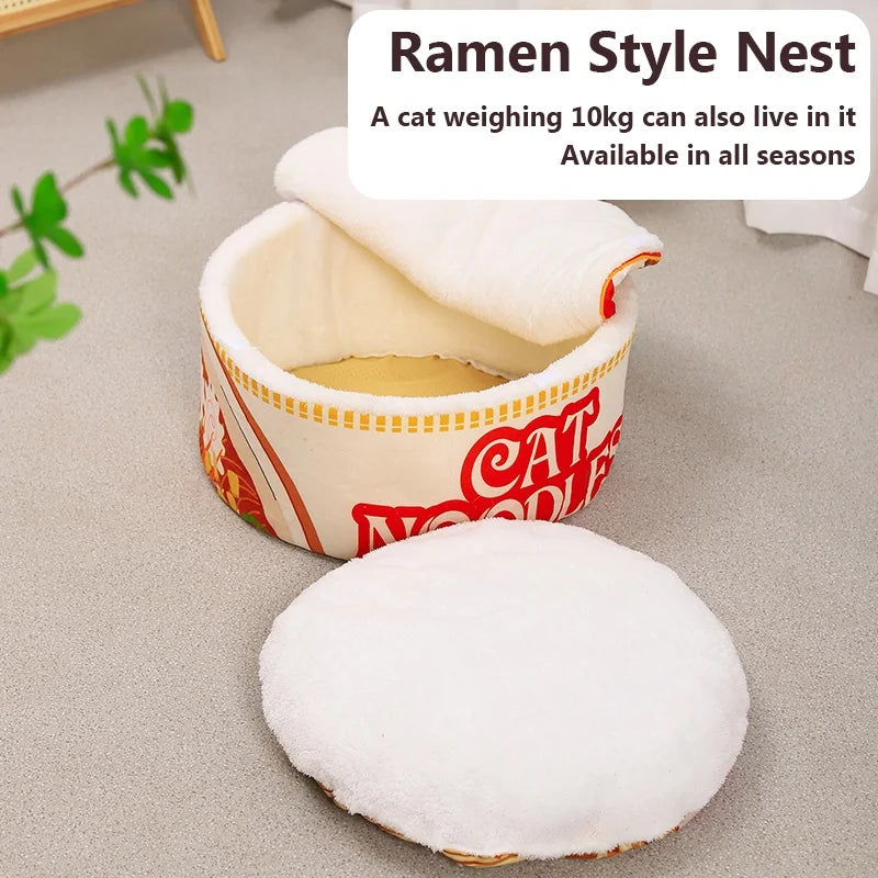 Heated Cat Bed Winter Cartoon Ramen Semi-Enclosed Soft Nest - Bitora