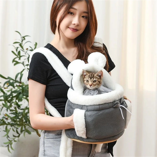 Cozy padded interior of small dog carrier for puppies and cats
