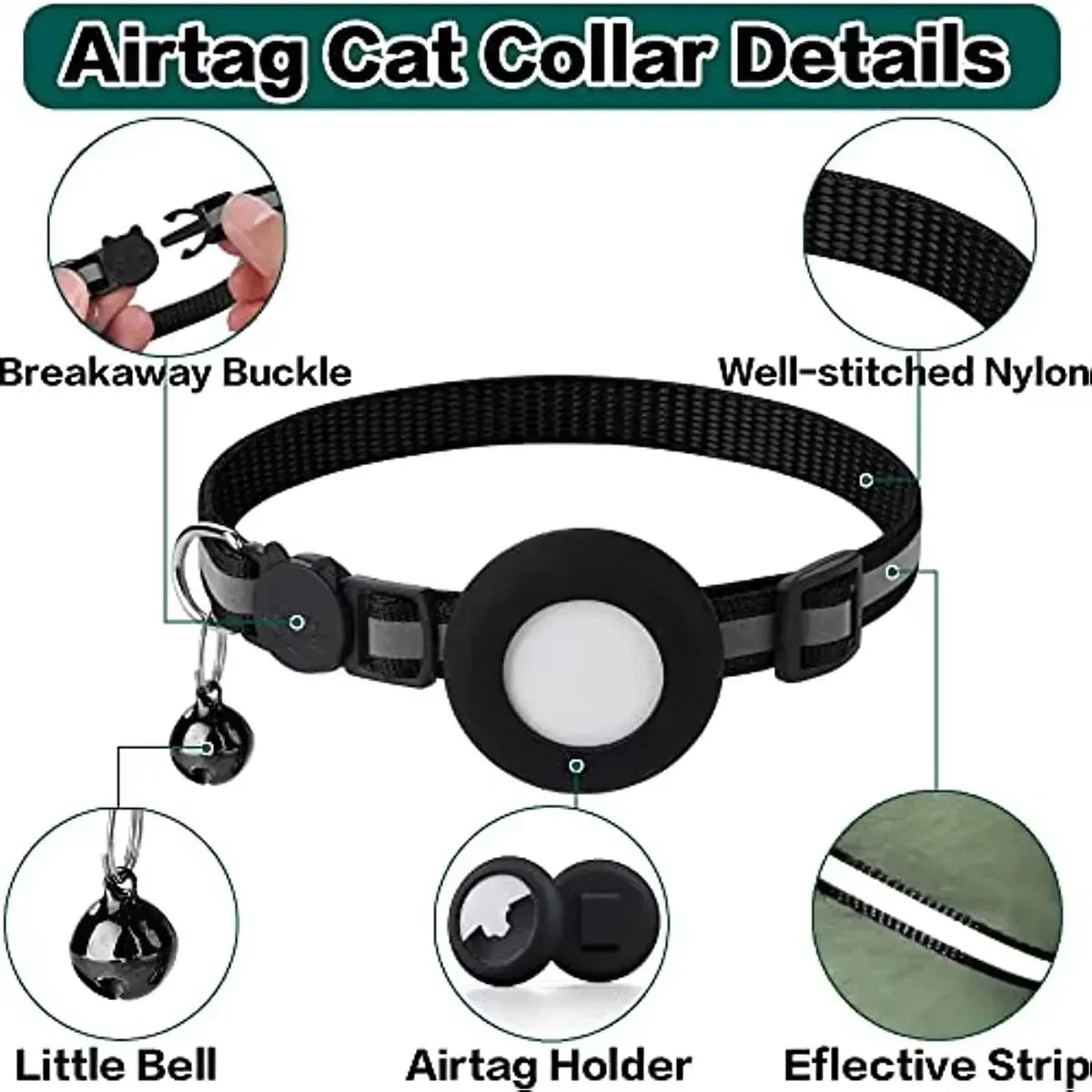 Reflective Cat Collar with Apple AirTag Holder 0.4 Inches - Bitora
