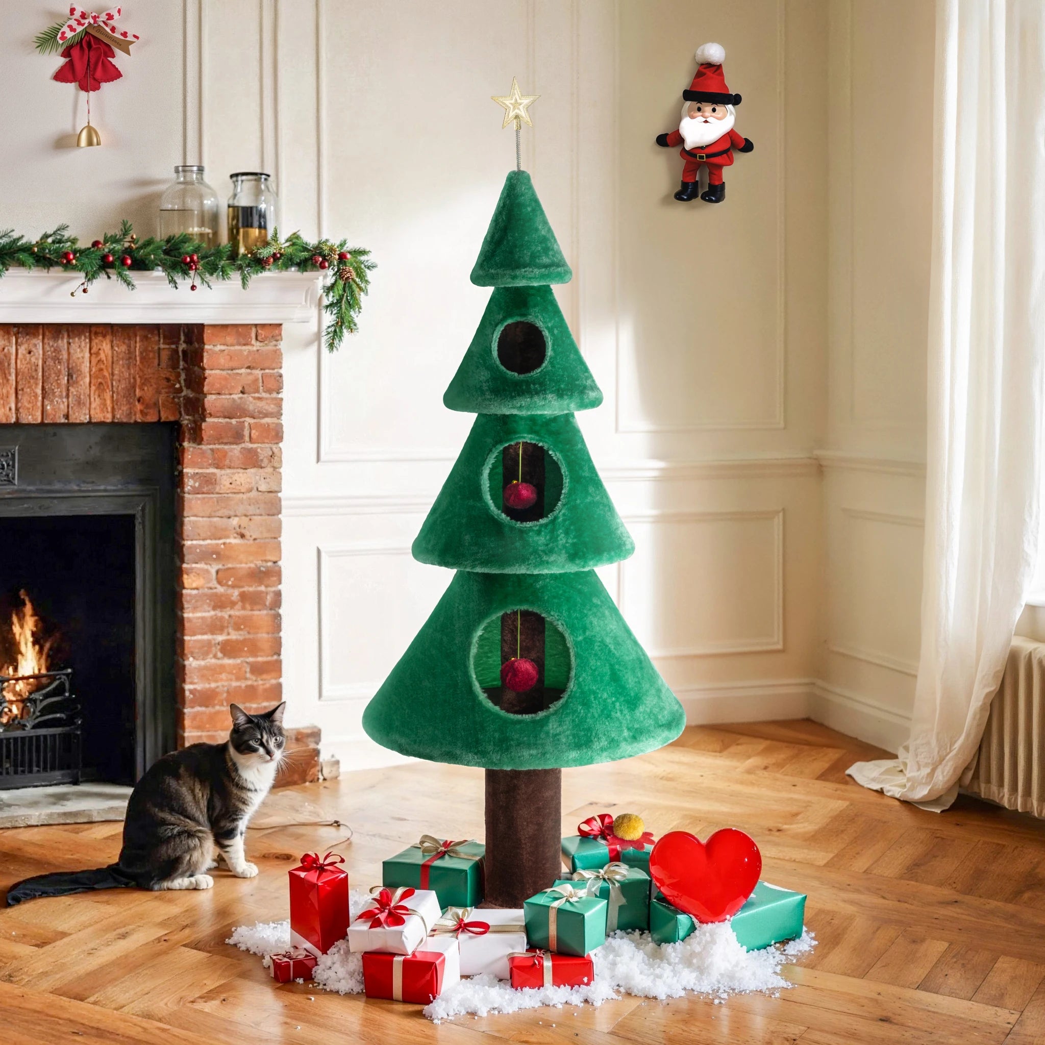 Cat friendly Christmas tree for indoor cats with plush toys and condos