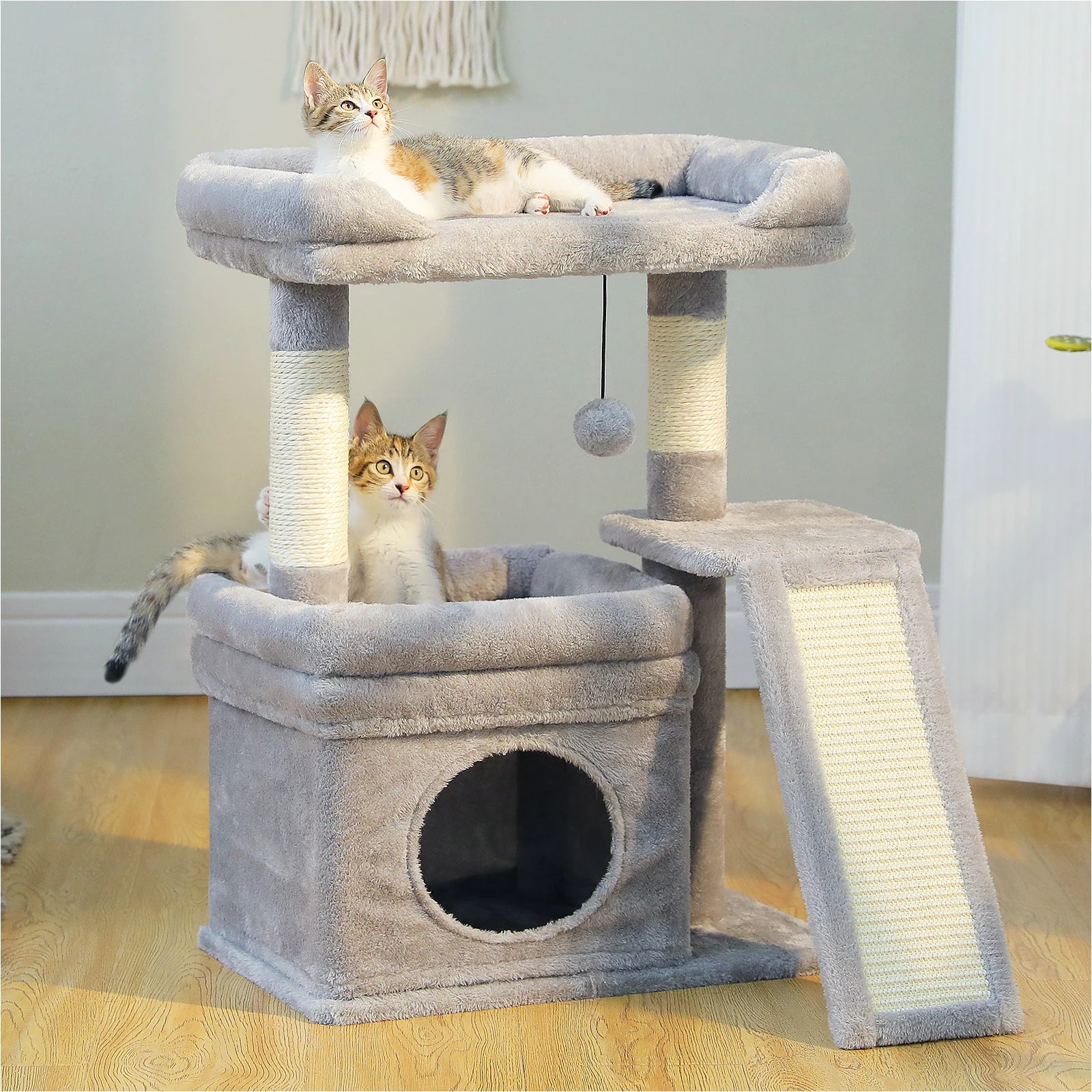 Indoor cat tree tower with scratching pad and cat toys