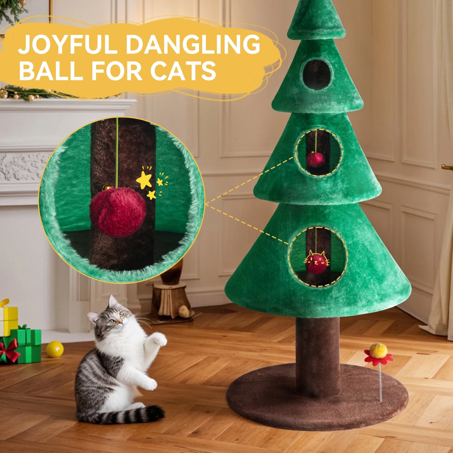 Interactive plush ball toy on cat friendly Christmas tree