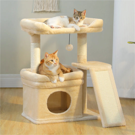 Large cat condo tower with perch and toys for indoor cats