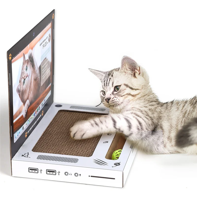 Foldable cardboard cat scratcher laptop design for easy storage