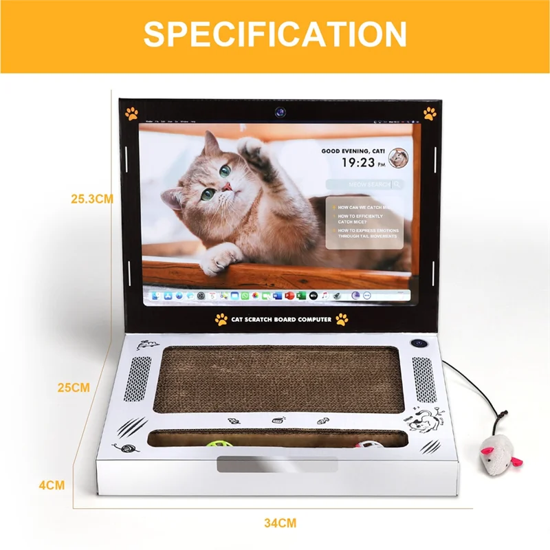 Cardboard Cat Scratcher Laptop Toy with Plush Mouse & Bell Ball -  Bitora