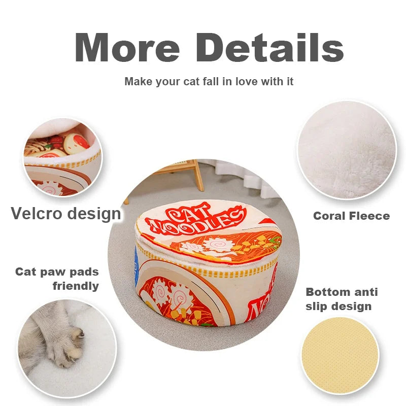 Heated Cat Bed Winter Cartoon Ramen Semi-Enclosed Soft Nest -  Bitora