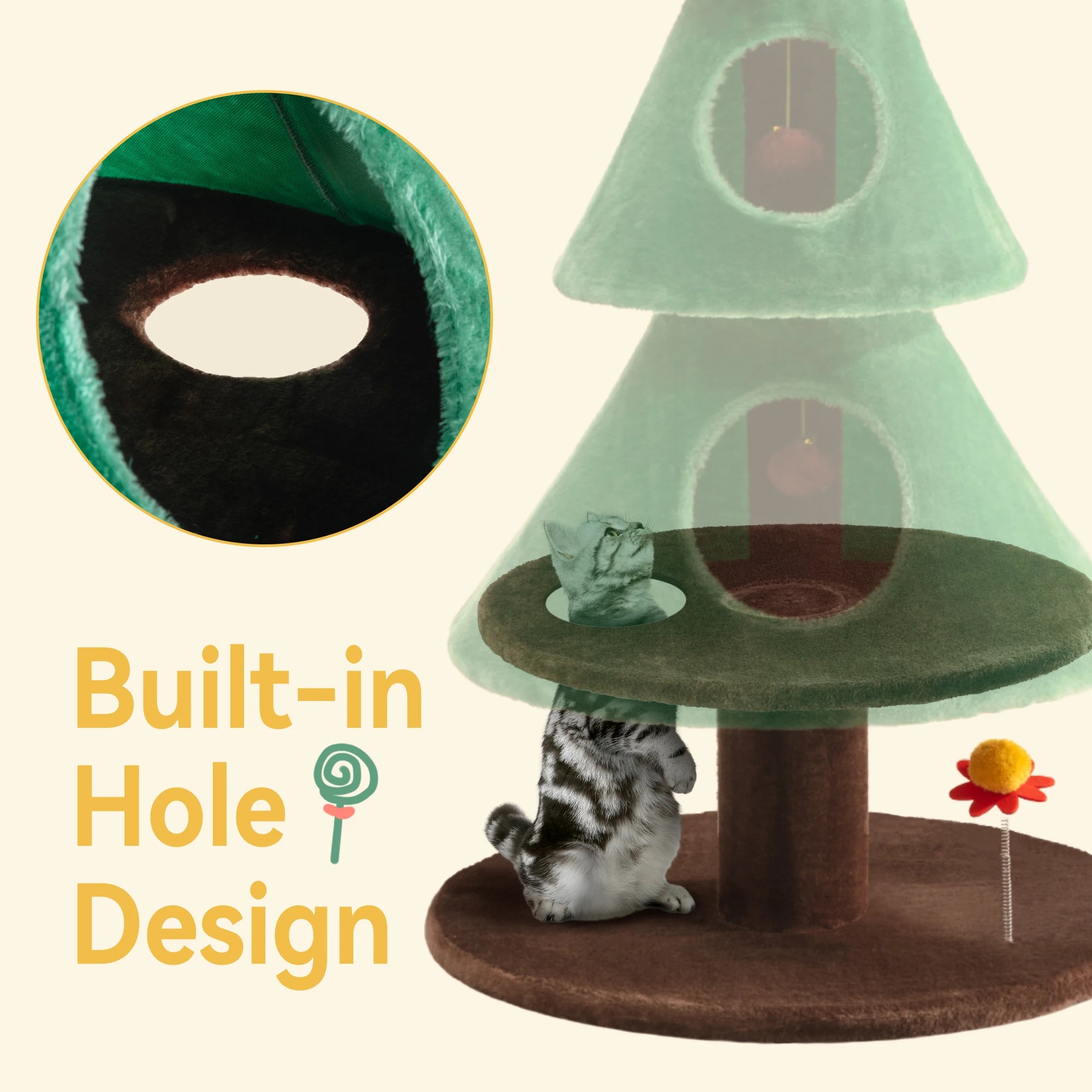 Stable wide base of cat friendly Christmas tree for safe climbing
