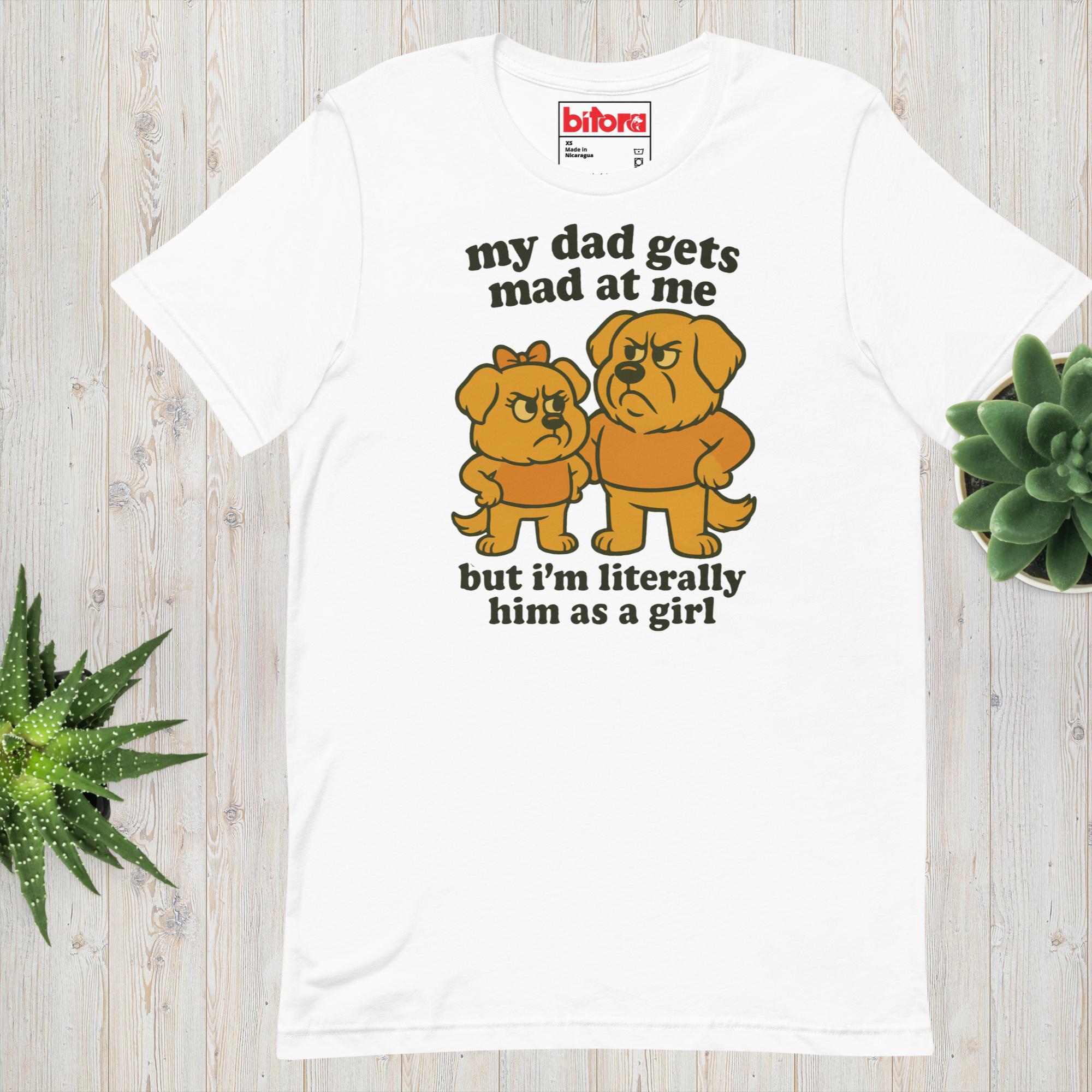 Golden Retriever T-Shirt with “My Dad Gets Mad At Me” design